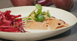 Day Radley’s beetroot ravioli stuffed with vegan cheese and pink peppercorns on Living On  ...