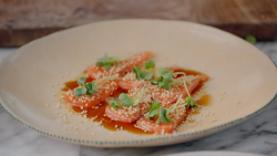 Ant and Dec’s Japanese salmon sashimi with mouli cress on Jamie and Jimmy’s Friday Night Feast