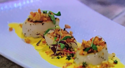 Simon Rimmer’s scallops with sweetcorn puree and bacon crumb on Sunday Brunch