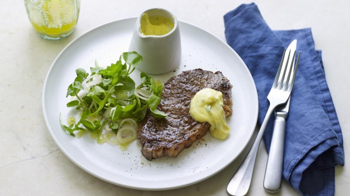 Angela Hartnett’s steak with Bearnaise sauce and a watercress, rocket and shallot salad on ...