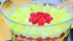 Dylan’s white chocolate, raspberry and sherry trifle on The Great British bake Off at Chri ...