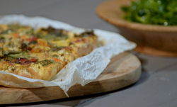 Sal Dhalla’s Roasted Vegetable Farinata  with salad on Living On The Veg