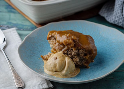 Simon Rimmer’s banana and peanut butter pudding with caramel ice cream on Sunday Brunch