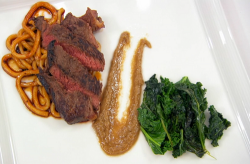 Pete’s soy marinated pan fried steak with udon noodles, black beans and garlic kale on Mas ...