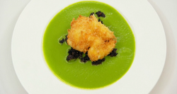 Charlotte’s crispy egg on black pudding in a pea and mint soup on Masterchef 2020