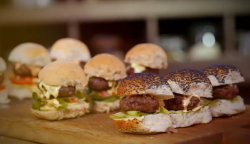 Jimmy Doherty burgers and sliders with three sauces on Jamie and Jimmy’s Friday Night Feast