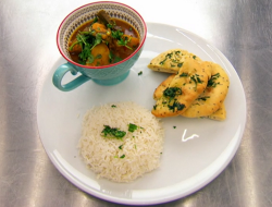 Heidi’s chicken, okra and potato curry with onion seeds naan bread using her mum’s r ...