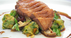 Charlotte’s duck breast with apricot and onion compote, wild mushrooms, gnocchi and red wi ...