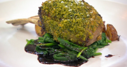 Teddy’s herb crusted rack of lamb with spinach, rosemary roast potatoes and a red wine red ...