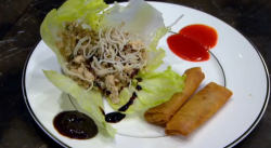 Dawn Ward’s chicken and lettuce wrap starter on Celebrity Come Dine With Me 2020