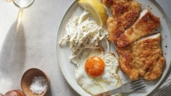 Marcus Wareing’s chicken schnitzel with bread crumbs, fried egg and celeriac salad on This ...