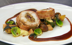 Charlotte’s monkfish wrapped in bacon with Christmas stuffing, potatoes, chestnuts, bread sauce  ...