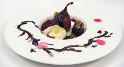 Dev’s pear with red wine and chocolate on Masterchef 2020