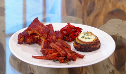 Matt Tebbutt’s Spare ribs with sweet potato chips, roasted onions, sweet and sour peppers  ...