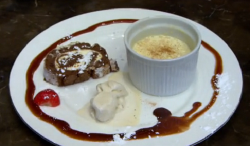 Dawn Ward’s rice pudding with chocolate roulade dessert on Celebrity Come Dine With Me 2020