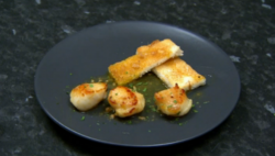 Marcel Somerville’s seared sauvignon scallops on Celebrity Come Dine With Me 2020