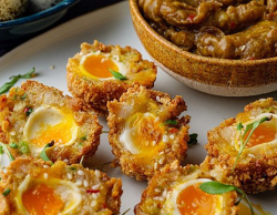 Ravinder Bhogal’s Prawn Toast Scotch Egg with Banana Ketchup on Sunday Brunch