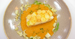 Shaheen’s sea bass with fennel, potato scales and a pepper sauce on Masterchef 2020