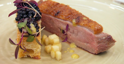 Alex’s duck breast with croutons, blackberries and pickled apples on Masterchef 2020