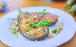 Ainsley Harriott’s aubergines a la Bonifacienne with bread, milk, Parmesan cheese, eggs an ...