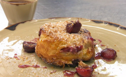 Thomas’ cherry and coconut bread and butter pudding with chocolate sauce on Masterchef 2020