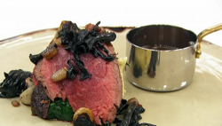 Amy’s beef fillet with potato puree, mushrooms, cavolo nero in a red wine sauce on Masterc ...