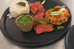 James’ weeping tiger beef fillet with Birdseye chilli dressing, salad and coconut rice on  ...