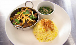 Bruce’s chicken curry with chips, saffron pilau rice and a coriander and onion chutney on  ...