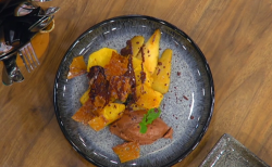 Akis Petretzikis chocolate mousse with pineapple and pears on Ready Steady Cook