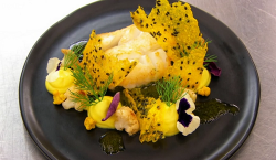 David’s pan fried cod with rice crackers and a cauliflower and turmeric puree on Masterche ...