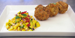 Jasmeet’s crab cakes with a mango and roasted sweet corn salsa on Masterchef 2020