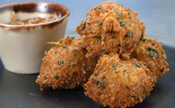 James’ Birdseye crab cakes with sweet chilli dipping sauce on Masterchef 2020