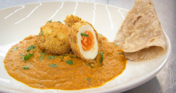 Danielle’s panko crumb egg, curry sauce, and garlic and chilli chapatis on Masterchef 2020