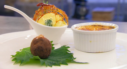 Marla’s Birdseye chilli and lime creme brulee, dark chocolate truffle and ice cream desser ...