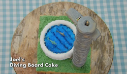 Joel’s diving board cake on The Great Celebrity Bake Off for Stand Up 2 cancer (SU2C)