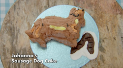 Johanna’s sausage dog cake on The Great Celebrity Bake Off for Stand Up 2 cancer (SU2C)