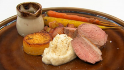 Max’s duck with fondant potatoes, celeriac puree, plum, pears, carrots and a five spice ju ...