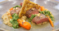 Katy’s lamb loin with miso and aubergine puree, carrots, hazelnuts,  and a Lebanese flatbr ...