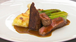 Beverley’s lamb fillet with gratin dauphinois, courgettes and basil puree, and a lamb sauc ...