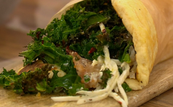 Akis and Hannah’s lamb souvlaki with crispy kale and celeriac slaw on Ready Steady Cook