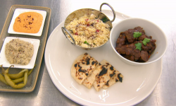 Anna’s lamb stew with cous cous, red pepper hummus, baba ganoush and flat bread on Masterc ...