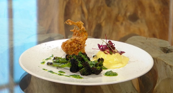 Frederick Forster’s onion bhaji with purple sprouting broccoli and poached eggs on Saturda ...