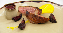 James’ pan-fried duck in blackberry port sauce with carrot puree and roasted beets on Mast ...