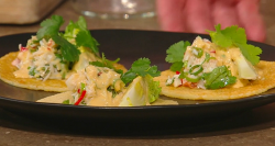 Tom Kitchin’s chickpea pancakes with crab meat on Saturday Kitchen