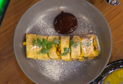 Anna and Adele ‘s coconut crepe with  chocolate and szechuan pepper sauce on Ready Steady Cook