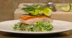 Jason Atherton’S roasted salmon with  Jersey Royal potatoes, lettuce and herbs on Saturday ...