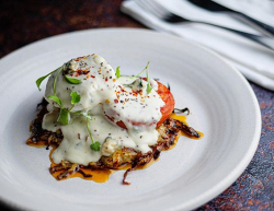 Simon Rimmer’s Celeriac Rosti with Roasted Toms and Blue Cheese Sauce on Sunday Brunch