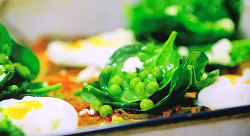 Jamie Oliver’s crispy tray bake veggie rosti with poached eggs, and a sweet pea an spinach salad ...