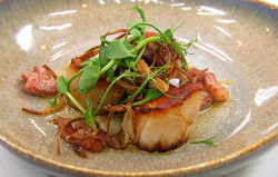 Max’s scallops with lemon, sage and pancetta, dressed with pea shoots and a garlic butter  ...