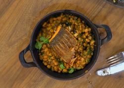 Akis and Gemma’s salmon with baked beans, lentils and chilli on Ready Steady Cook